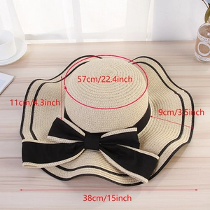 Straw sun hat with black bow and dimensions showing 57cm circumference and 38cm width