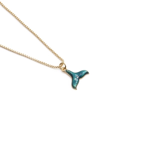 Whale Tail Pendant Necklace Copper Gold Plated Teal Blue Enamel Glitter Mermaid Tail Box Chain Jewelry For Women