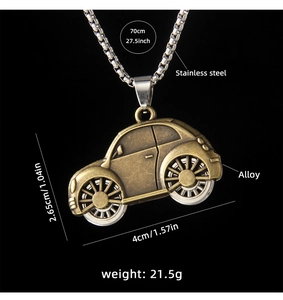 Detailed specs of vintage car pendant necklace with alloy metal and stainless steel chain