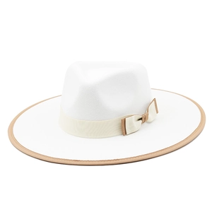 Elegant white wool fedora with contrast brown brim edging and a beige ribbon bow