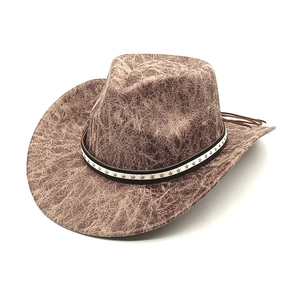 Cappello Cowboy Western Trama Ecopelle Screpolata Tesa Larga Fedora Jazz Con Borchie A Stella E Nappe Per Uomo E Donna