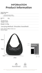 Size chart for black woven PU baguette bag with measurements and tablet compatibility