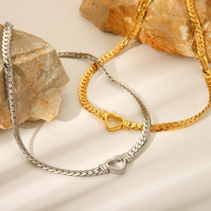 Chic hollow heart Cuban link necklaces in gold and silver stainless steel finishes