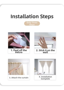 Four-step installation guide for drill-free velcro blackout curtains showing easy setup process