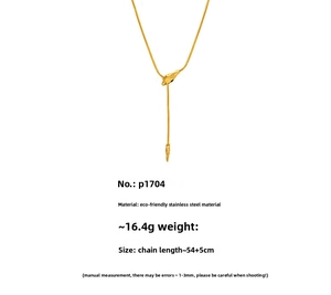 Detail view of gold snake head Y-necklace with dimensions and 16.4g weight specs