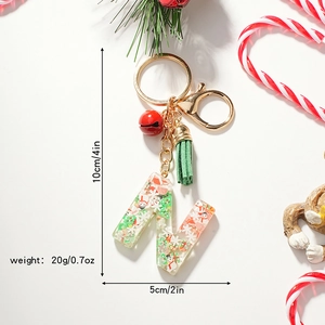 Christmas letter N resin keychain with snowman decor, red bell and green tassel