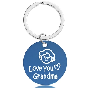 Blue metal keychain detail with Love You Grandma engraving and heart icon