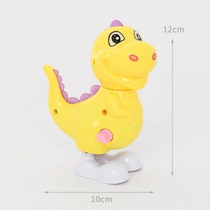 Vue détaillée du dinosaure jaune à remonter avec dimensions de 12cm de haut et 10cm