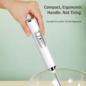 Cordless electric hand mixer for frothing milk and whisking cream with comfortable white handle