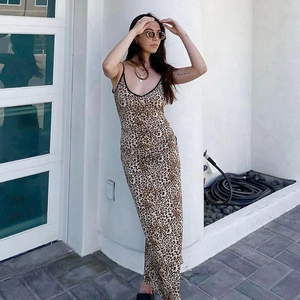 Elegant leopard print midi slip dress for women featuring slim fit spring 2025 fashion