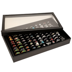 Black 100-slot ring display box with transparent glass lid for jewelry storage