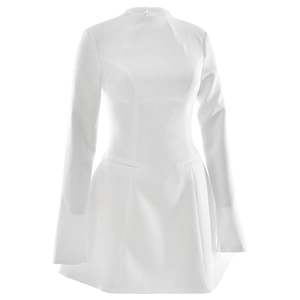 Detail of white long sleeve A-line dress featuring high neck and back zipper closure