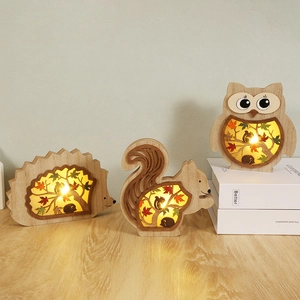 Wooden Led Animal Ornament Hollow Boxwood Forest Owl Squirrel Hedgehog Silhouette Harvest Festival Desktop Home Decor