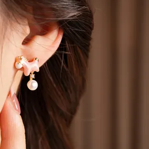 Pink dog pearl earrings with 18K gold plating and cute animal design for women