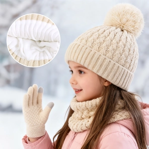 Kids winter 3-piece set with knitted hat, neck warmer and gloves in warm beige color