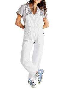 Classic white cotton denim overalls for women with multi-pocket design and straight leg cut