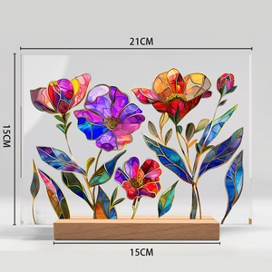 Detail of floral acrylic plaque with wood base showing dimensions 21x15cm for office desk