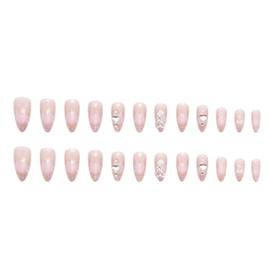 Pink gradient almond press-on nails with heart glitter and 3D rhinestone decorations