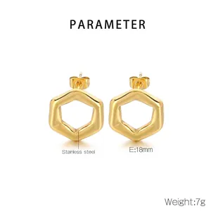 Detail of 18K gold plated stainless steel hexagonal earrings with 18mm diameter