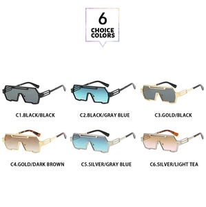 Detailed color options for futuristic punk sunglasses showing six different frame and lens tints