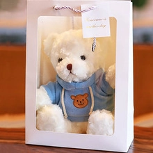 White teddy bear in blue hoodie placed inside a white gift bag with a clear window