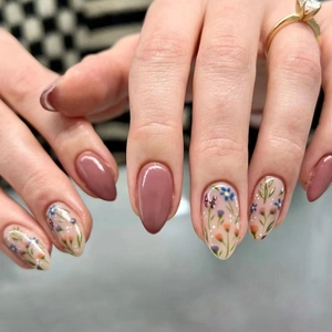 Faux Ongles Forme Amande Imprimé Floral Fleurs Doux Style Ins Pointes Ongles Artificiels Rose Poudré Morandi Rose Brillant