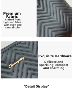 Close-up of black quilted leather with V-pattern stitching and gold metal logo