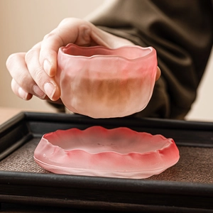Pink glacier crystal glass tea cup with lotus leaf edge design and gradient finish