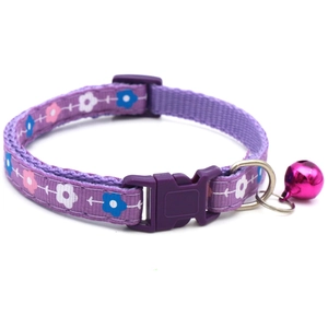 Collare per animali con motivo a fiori viola, campanello rosa e fibbia in plastica