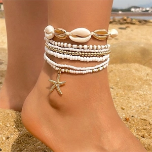 Juego de Pulseras y Tobilleras Bohemias de Concha y Estrella de Mar para Mujer Joyería Multicapa de Aleación y Resina para Playa