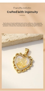 Detail of heart-shaped shell pendant with gold plating and angel relief design