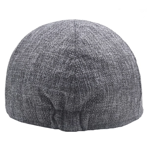 Close-up of gray cotton linen flat cap with adjustable elastic band on the back side