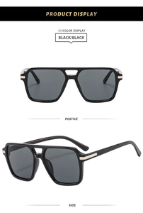 Classic black square frame sunglasses with golden metal accents on temples, front and side view