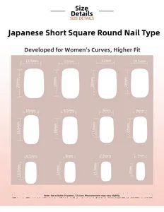 Detailed size chart for short square cat eye press-on nails with 12 dimensions