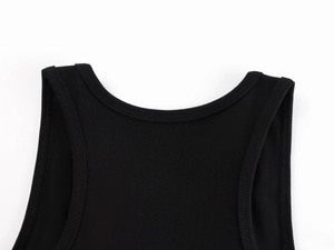 Detail of black ribbed cotton sports tank top neck line and stretch fabric texture