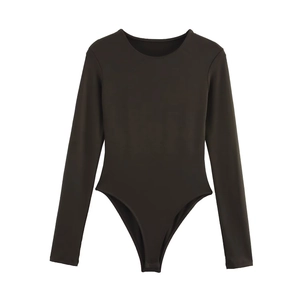 Detailed flat lay of dark charcoal long sleeve bodysuit in ribbed knit fabric