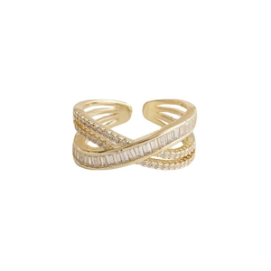 Sparkling zircon X-shaped crossover adjustable open ring in elegant gold finish