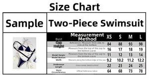 Detailed size chart for two-piece swimwear including bust and waist measurements in cm