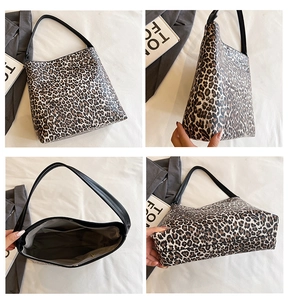 Detailed four-angle view of leopard print shoulder bag showing interior and bottom base
