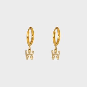 Gold plated stainless steel hoop earrings with letter W pendant and zircon stones