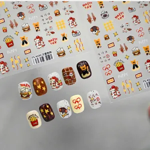 Detalle de pegatinas de uñas TS-4190 con motivos de perros y hamburguesas de dibujos