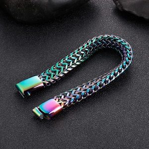 Bracciale da uomo in acciaio al titanio arcobaleno con trama a doppia fila di osso di drago