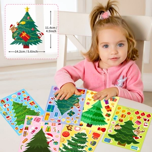 Detail of DIY Christmas tree stickers with size specs and child playing in background