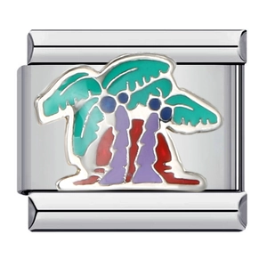Detail of silver modular charm with green and purple enamel palm trees for bracelets
