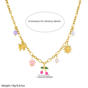Gold-plated charm necklace with butterfly and cherry pendants, 41cm plus 6cm chain