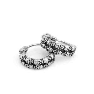 Retro punk titanium steel skull hoop earrings in vintage silver finish for men and women