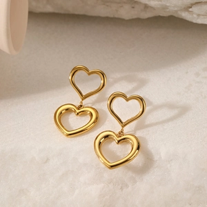 Elegant 18K gold-plated stainless steel double heart pendant earrings for women