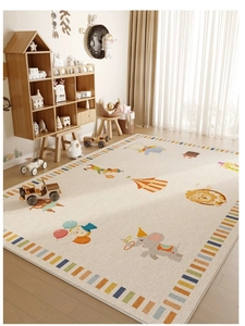 Detail of soft circus-themed play mat with colorful animals and patterns for kids room