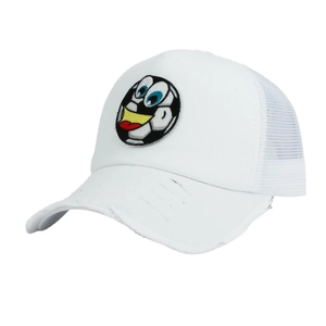Washed white trucker hat with mesh back and cartoon soccer ball smile embroidery