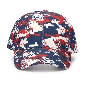 Detail of red and blue digital camouflage print on a six-panel cotton baseball cap